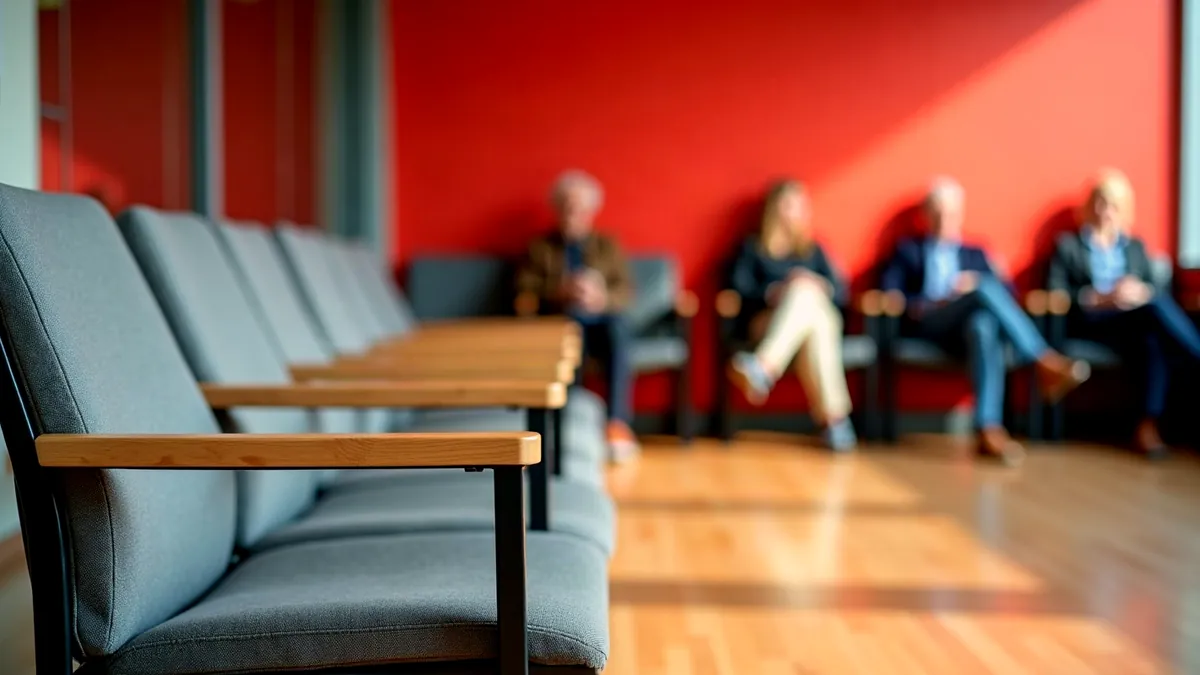 Wartebereich mit leeren Stühlen, im Hintergrund unscharf wartende Menschen vor einer roten Wand